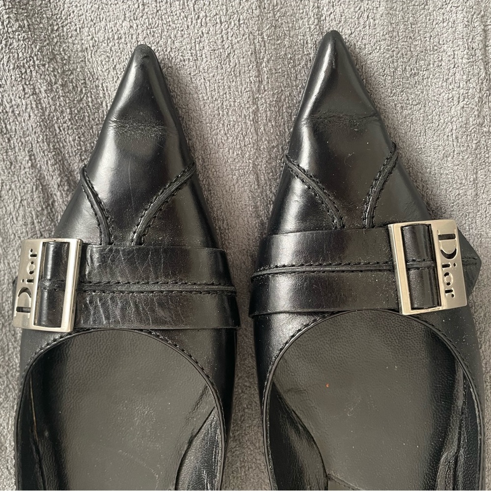 Dior Black Pointed Leather Flats with Silver Buckle - Picture 2 of 3